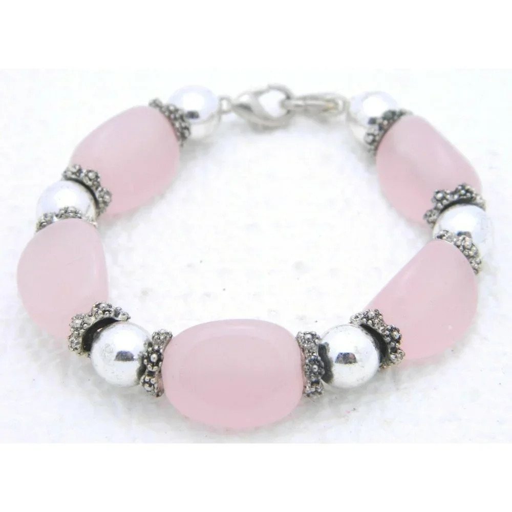 Silver Tone Pink Art Glass Beaded Bracelet